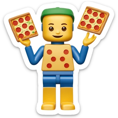 Minifigure: yellow square head  blue square troso rectangular yellow arms and green legs with a pizza on the head sticker
