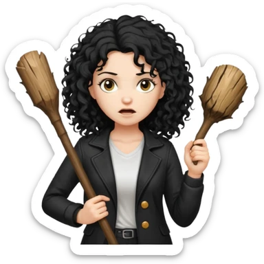 Hey, please generate me an emoji that depicts a woman white skin long black curly disheveled hair slightly thicker, she is wearing a white T-shirt and a black unbuttoned jacket she is furious she is holding a large wooden stick from a tree in her hands sticker
