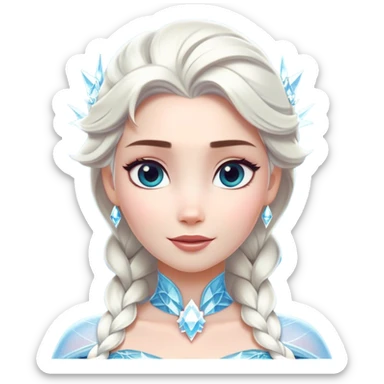 Cinematic Majestic Snow Queen Portrait Emoji, rendered in a clean, vector-style with bold, simplified shapes. Show Elsa with a serene, noble expression, luminous icy skin and gracefully styled platinum hair adorned with subtle crystalline accents, her attire minimal yet majestic. The design radiates a cool, crystalline glow with high shine and a soft glowing outline, embodying timeless, frosty elegance. sticker