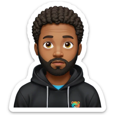 "Create a high-quality emoji-style illustration of a bearded Black man with short curly hair, wearing a black hoodie that says 'YouNity Park' in bold, colorful text. The character should be shown from the head to the waist so that the text is fully visible. The design should have a modern, detailed, and vibrant style with smooth shading and expressive facial features. Create the emoji in the following expressions: [insert emotion, e.g., happy, sad, angry, surprised]. The background should be clean and minimal to focus on the character. The image should have a transparent background for easy use as an emoji." sticker