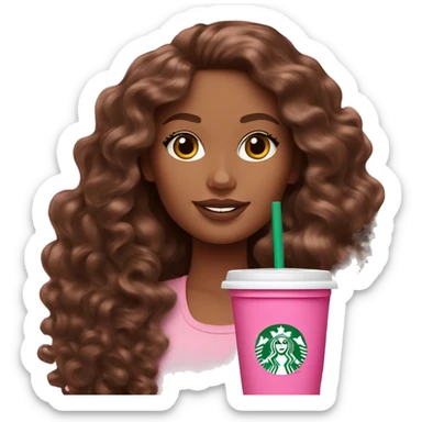 Barbie girl with brown long curly hair holding Pink starbucks refresher sticker