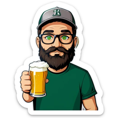 A man with a grey baseball cap, green eyes, big dark brown beard and glasses, drinking beer sticker