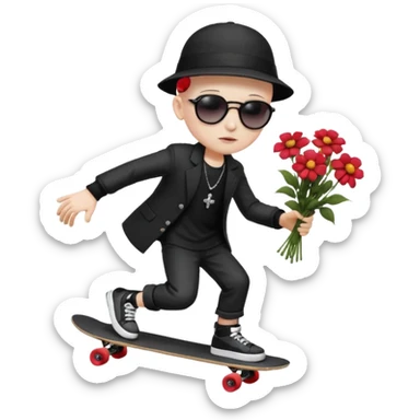["A sad boy with pale skin, bald, wearing a sunhat and sunglasses, dressed in goth fashion, is skateboarding while holding a flower bouquet."] sticker