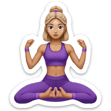 A woman in purple activewear holding warrior two pose, centered with a white mandala pattern behind her. sticker