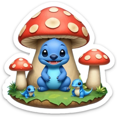 Stitch from lilo and stitch in a mushroom land with dinosaurs  sticker