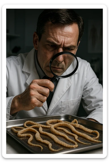 A middle-aged male kinesiologist wearing a pristine white lab coat, intensely analyzing long, beige tapeworms (like Taenia) under a magnifying glass. His expression is focused and slightly concerned, with dramatic studio lighting casting sharp shadows. The parasites are highly detailed, moist, and textured, stretched across a sterile metal tray. The background is blurred but suggests a clinical environment—hints of a microscope, medical charts, and clean lab equipment. The style is hyper-realistic, with a cinematic contrast between the bright white coat and the grotesque, organic forms of the parasites. No sci-fi elements, just raw medical realism with a disturbing edge sticker