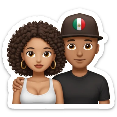A picture of a loving tanned couple. the guy is Mexican, with a bald hair cut and he has a SnapBack hat on. The girl is mixed, the girl is wearing a black shirt, the girl has brown curly big hair and the girl has big boobs  sticker