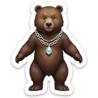 Full-body dark brown bear on all four legs looking slightly forward, complete view from head to tail, very realistic fur, ice chain necklace sticker