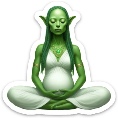 a Reptilian alien woman, pregnant, in meditation, white dress like a priestess sticker