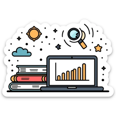 academic research with books, laptop and data charts sticker