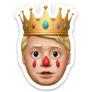 highly detailed, photorealistic Donald Trump as a clown no neck or body, slightly turned to the right. Skin texture, lighting, and facial details should be ultra-realistic, resembling a professional 3D render must look exactly like him. Transparent background. tiny cartoon crown on his head

 sticker