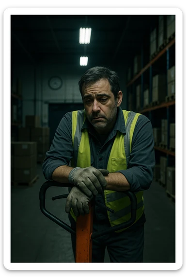 a tired warehouse worker in his 40s, wearing a reflective vest and work gloves, stands under harsh fluorescent lights in a large, dimly lit warehouse. He leans on a pallet jack, eyes heavy with fatigue and dark circles under them. Stacks of boxes and shelves loom in the background, and a wall clock shows it’s the middle of the night. The mood is somber and empathetic. sticker