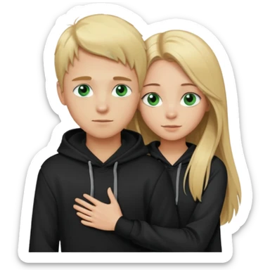 a blonde boy with blue eyes hugging a dark blonde girl with straight long hair and green eyes, both wearing black hoodies sticker