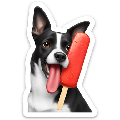Black and white Dog licking a red popsicle sticker
