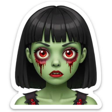 zumbie com cabelo preto e liso de franja vegana e olhos vermelho deixe o zumbir verde  sticker