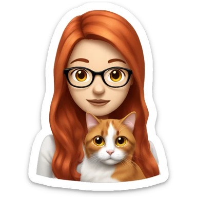 White skin Red haired girl with glasses holding long-haired calico cat sticker