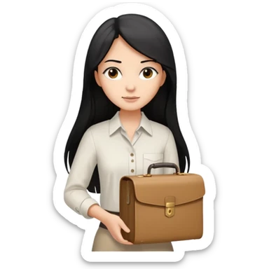 a light tan woman with long black hair past mid-back, round brown eyes, white button up shirt. holding manila case files in her hands. sticker