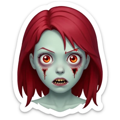 zombie girl with dark red hair, scary face sticker