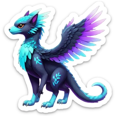 White Iridescent Colorful Exotic Black, Cyan, Purple, Beaked Feathery Nocturnal Neon-glowing Abyssal Lightly Heaven-Cat-Gryphon-Salandit-Nargacuga-Silvally-Vernid-Sergal-Fakémon-Hybrid-Creature (full body) sticker