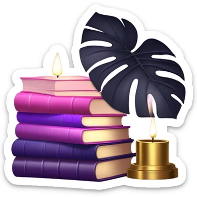 An elegant still life featuring a stack of light and dark violet books, a pink monstera plant, and a brass candle holder. sticker