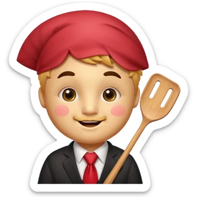 emoji style, happy fried empanada with face, big sparkling eyes, blushing cheeks, two buck teeth, red necktie, holding spatula, thick black outline, golden brown color, very cute and wholesome, transparent background sticker
