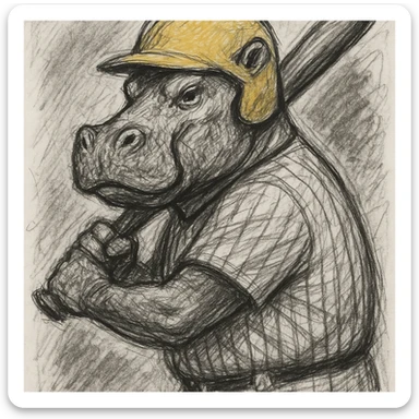 hippo holding a baseball bat, wearing a yellow helmet, pinstripes outfit sticker