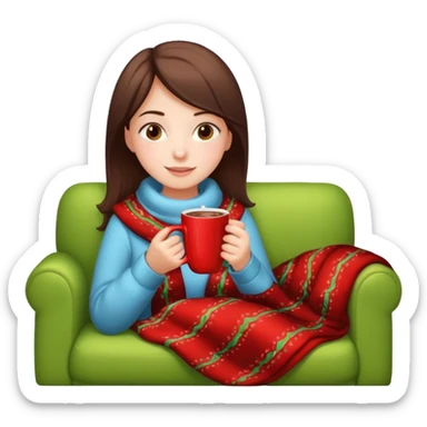 Girl celebrate christmas on the sofa, with hot chocolate, warm sock, warm blanket sticker