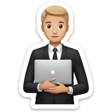 Businessman in a black business suit holding a laptop with PrimeCopy written on it sticker