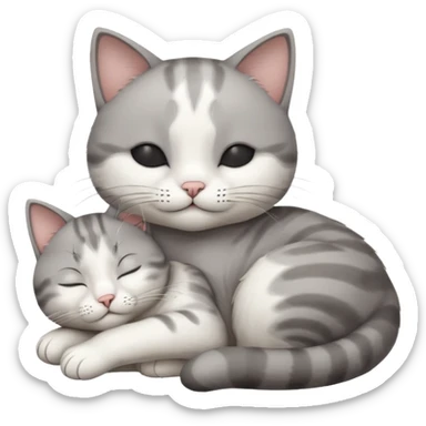 1 grey and white small cat with its eyes closed lying down leaning on its elbow with its paw curled under his head holding it up sticker