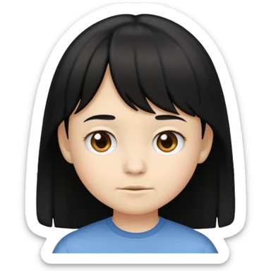 emoji of a child with black hair and parted bangs, neutral face, minimal and cute, no text sticker