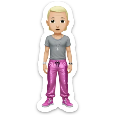 Chester Bennington with blonde hair, dark pink sequin baggy pants, shirtless with necklace  sticker
