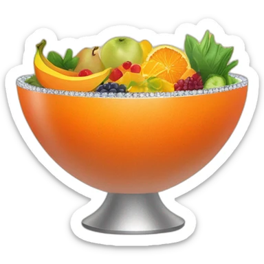 Create an image of a vibrant orange salad bowl filled with exotic fruits and vegetables, topped with a sparkling diamond. Include a hand elegantly holding the bowl from the side. sticker