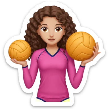 white brunette volleyball player with long curly hair (standing girl playing) pink outfit & white and orange ball sticker