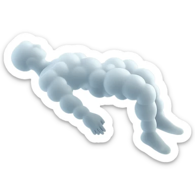 side view of unconscious person flying torso up, legs and arms down, made of small very bright white fluffy convex clouds, matte glass style sticker