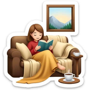 cozy reading nook with blanket, book, and hot drink sticker
