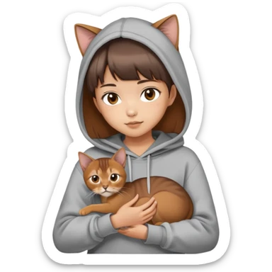 a asian girl with short brown hair and bangs holding an Abyssinian cat， wearing grey hoodie sticker