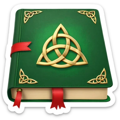 a green closed book with a golden triquetra on it with a red ribbon between the paged sticker