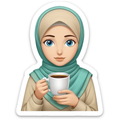 Turkish beautiful finish Konya two girls blue eyes with beige and light green hijab islamic dress and had on her hand hot coffee   sticker