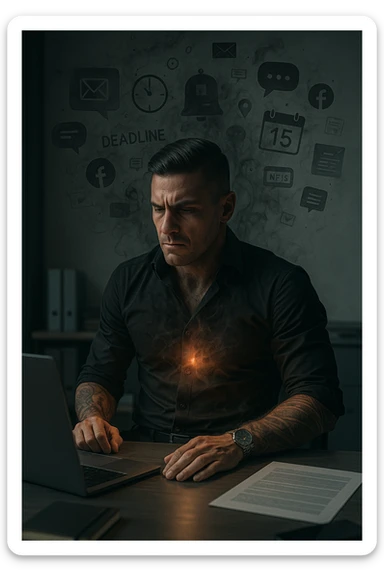 A highly realistic, cinematic image of a young man in his early 30s, sitting at a modern office desk under harsh artificial lighting, shoulders hunched, jaw clenched, and breathing shallowly, symbolizing how modern society forces people to live in a state of chronic tension and restricted breathing. Around him, faint black and grey visual elements represent notifications, deadlines, social media icons, and news alerts, swirling around his head like a chaotic storm, symbolizing societal pressure. His chest appears visually tight and compressed, and faint dark smoke emanates from his body, representing blocked breath and internalized stress. In contrast, a faint glowing light near his chest and abdomen tries to expand, symbolizing the innate desire of the body to breathe freely and deeply. The environment is cold and minimalistic, with a sense of stillness and tension, captured in a hyperrealistic 35mm film style with muted colors, focusing on the man's tense posture and restricted breathing to reflect the unseen burden of modern living. sticker