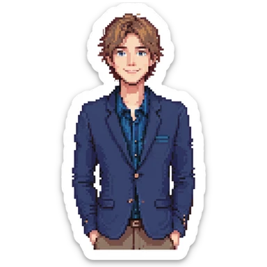 Flat pixel are, lively and clever male debater, fair skin, short messy light brown hair, sharp eyes with a mischievous smile, wearing indigo blazer over a casual t-shirt, one hand raised mid-gesture, waist-up, front-facing sticker