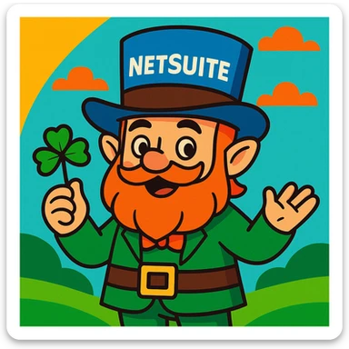 cartoon leprechaun, blue hat featuring the word 'NetSuite', whimsical and bright sticker