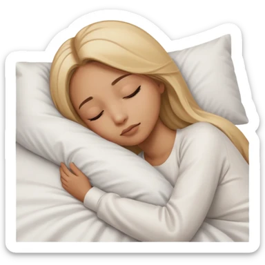 Mujer color de piel moreno claro, con cabello rubio largo, lacio y suelto, ojos negros, durmiendo con sábanas blancas  sticker