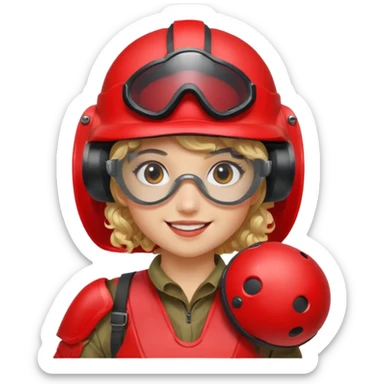 blond curly girl playing paintball with red paintball helmet with eye protection, only face sticker