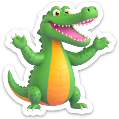 friendly expression bright green cartoonish crocodile named Bombardino waving sticker