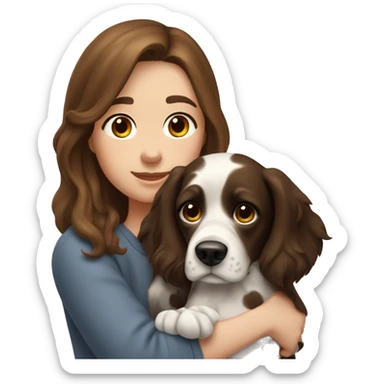 Girl with brown hair hugs a dog Russian hunting spaniel dog with black ears and nose and white muzzle and black big spots on the back sticker