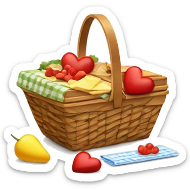Heart shaped picnic basket with food in it and a white bow on the side of the basket sticker