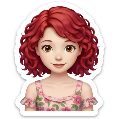 girl with shoulder length curly cherry red hair with brown eyes and pale skin smiling. pastel dress sticker