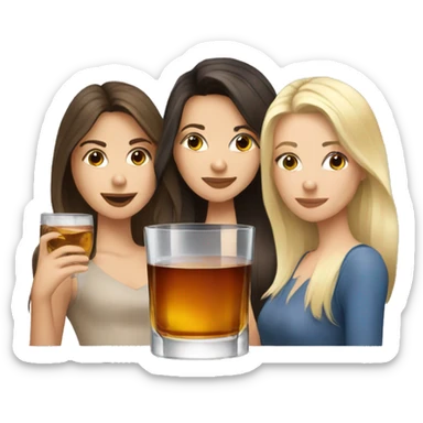 Three girls - brunette, blonde, brunette, drinking whiskey with ice in a square glass sticker