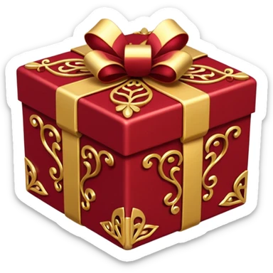 Create a highly polished, 3D game UI–style gift box with a luxurious red and gold theme. gift box ,The square box features deep crimson-red panels with ornate gold metallic trim and filigree details along the edges.  sticker