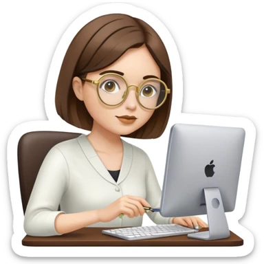white woan with asymetric bob cut brown hair with round gold glasses working on a pc sticker